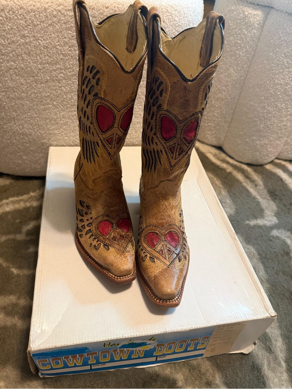 Handmade Cowtown Tan Women's Western Boots with Red Heart Inlay